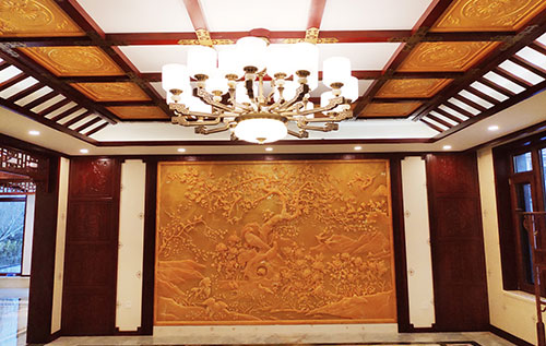 兰州中式别墅客厅中式木作横梁吊顶装饰展示